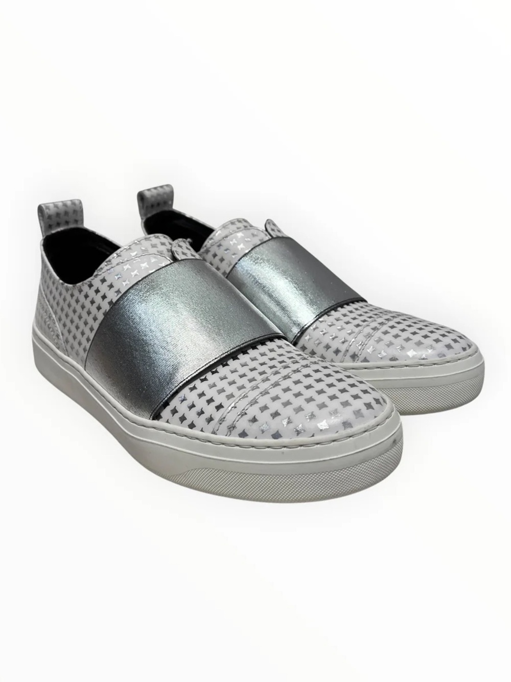 Jimmy Choo Silver Metallic Strap & White Star-Pattern Slip-On Sneakers
